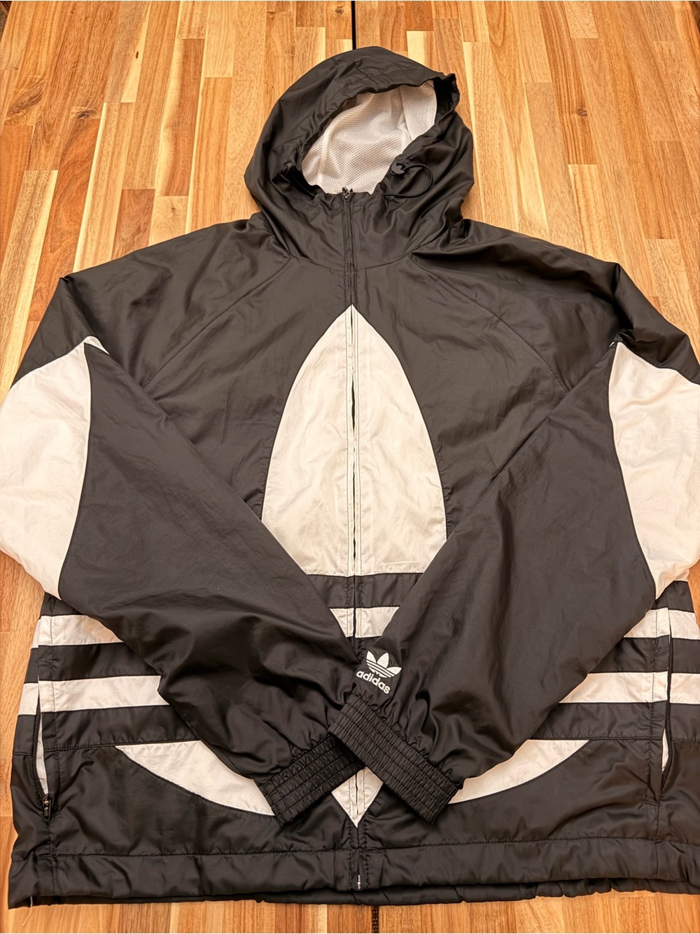 adidas Black and White Hooded Windbreaker with Trefoil Panel